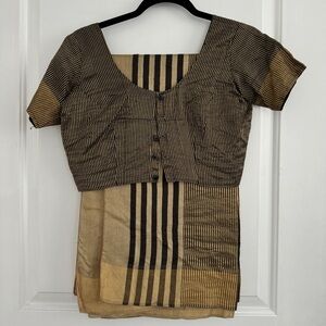 Raw Silk Sari Gold and Black Stripes